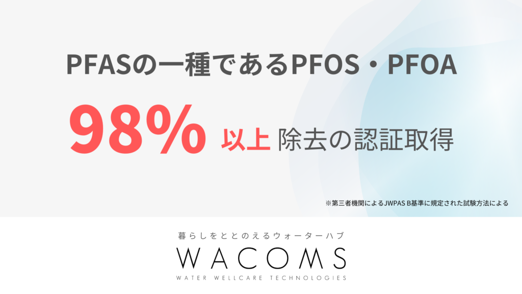 「PFASの一種であるPFOS・PFOA 98%以上除去の認証取得」WACOMSの説明バナー