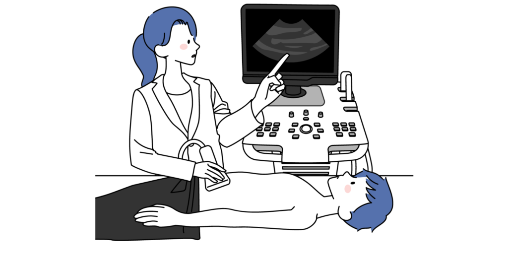 病院で医者が患者の胃をエコーで検査しているイラスト