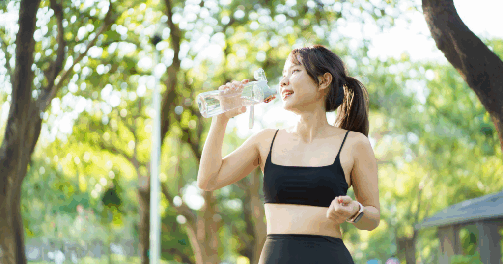 運動後の女性がマイボトルから水分補給をしている写真