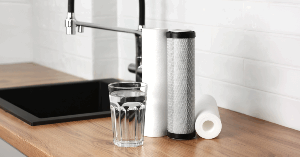 シンクの近くに逆浸透膜のフィルターと、グラスに入った水が置いてある様子