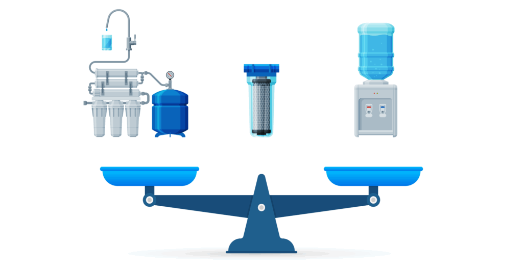 浄水器・整水器・ウォーターサーバーを天秤の上で比較するイメージのイラスト