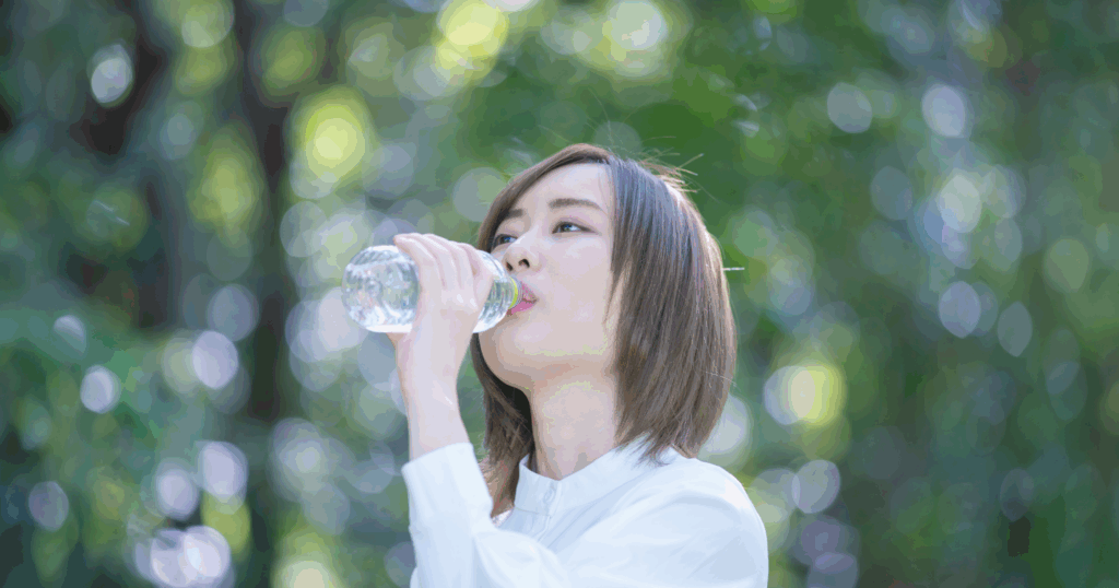 木々の背景でペットボトルの水を飲む女性の画像