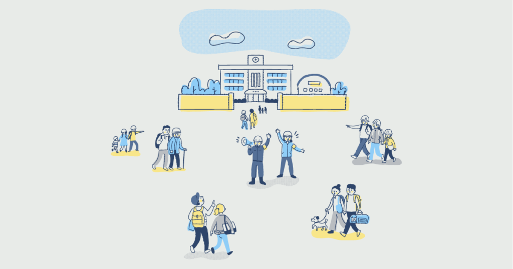 避難所に集まる近隣住民を自治体の人が仕切っている様子のイメージイラスト