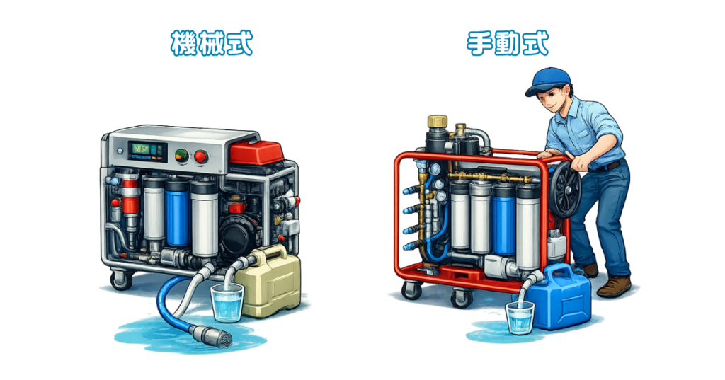 災害用浄水器の機械式と手動式のイメージイラスト