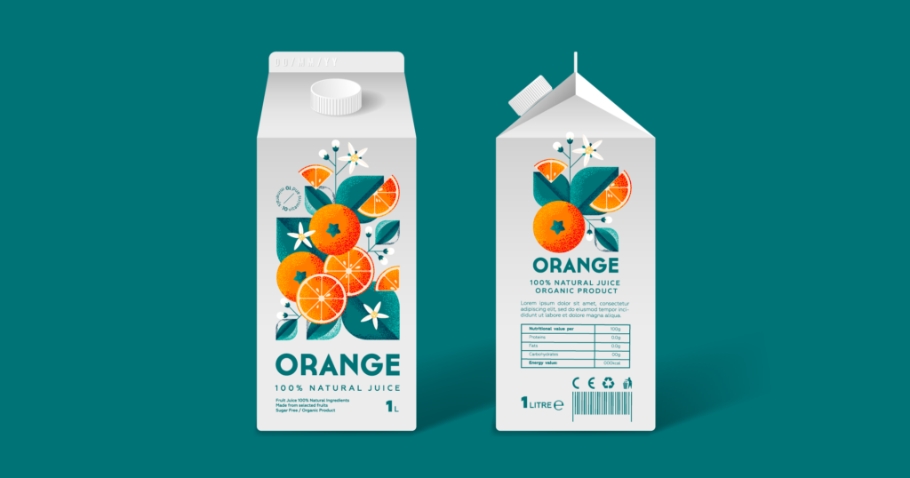 紙パックのオレンジジュースのパッケージと成分表示のイラスト